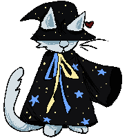 a drawing of stride, a white cat, wearing black wizard robes. They're standing on their hind legs and the robes are coverd with blue and yellow stars. In addition they have a black wizard hat and a blue and yellow.