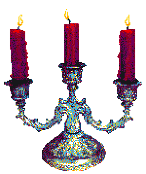 A pixelated image of a candelebra. The candles are red and the flames flicker softly.