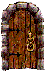 a pixelated image of a wooden door. The door is framed with stones.