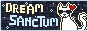 a blueish grey 80x31 button with the text 'Dream Sanctum'. the text flashes between blue and yellow. on the right, stride, a white cat sits with their head bouncing up and down. stars twinkle in the background.
