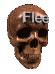 A gif of a skull shaking its head with the text Flee on its forehead