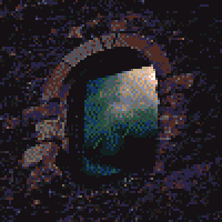 a pixelated image of a window. outside of the window it's storming.